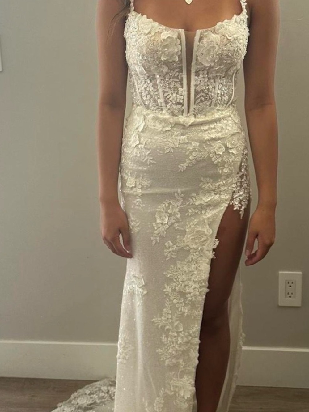 Sherri Hill Ivory Lace Bridal Dress with Sheer Corset and High Slit